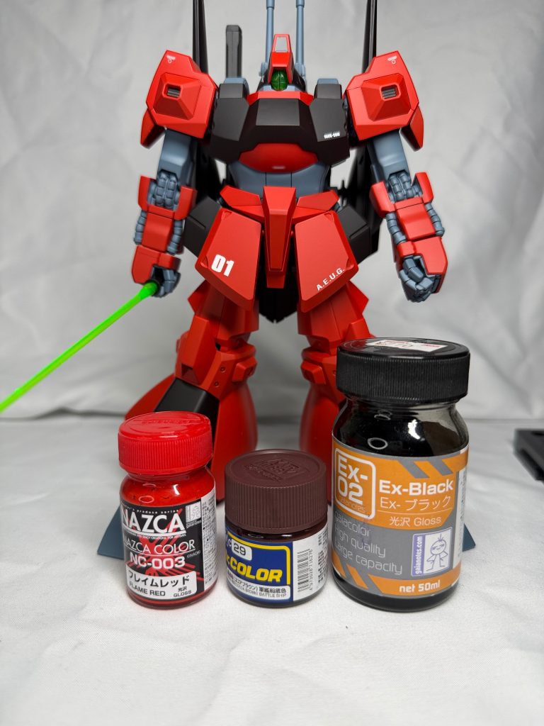 外装:(赤)グレサフ→フレイムレッド、(黒)グレサフ→ココアブラウン+exブラックフレーム:(灰色)メカサフ+ブルー、ガンメタサフトップコート:スーパースムースクリア