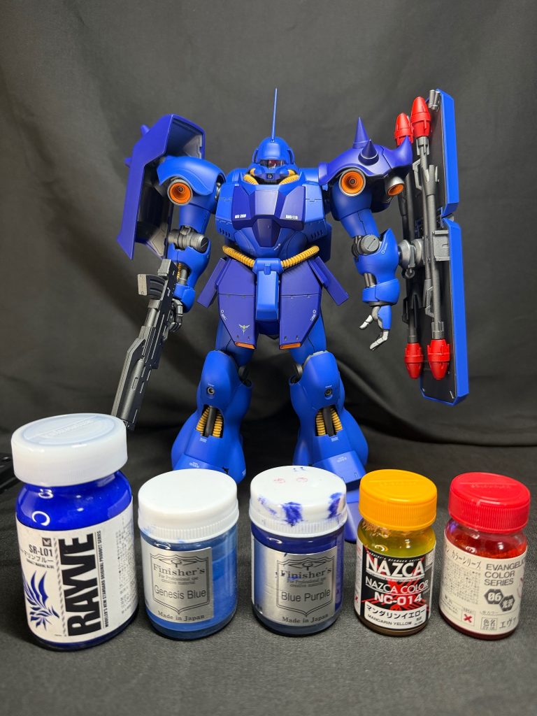外装:(青)グレサフ→ウルトラマリンブルー+ジェネシスブルー、(紺)グレサフ→ブルーパープル、(赤)グレサフ→エヴァレッド、(橙)グレサフ→マンダリンオレンジ武器、フレーム:ガンメタサフ、トップコート:スーパースムースクリア