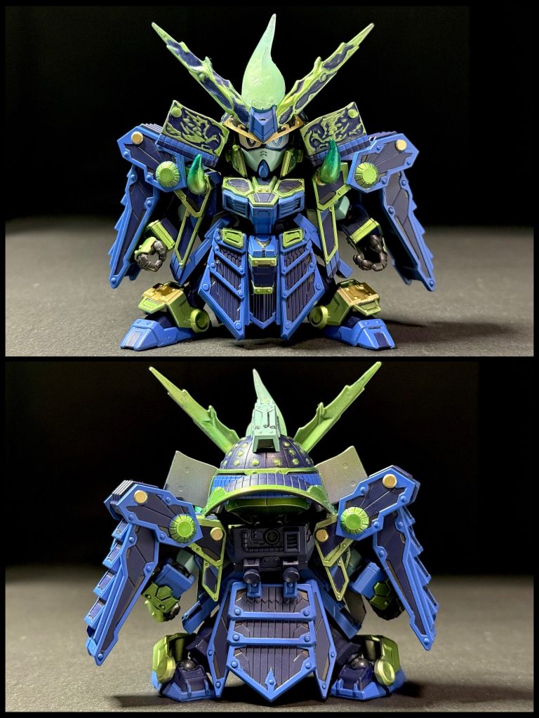 正面&背面。額にはUVレジンで作成したヒトダマを追加。ハンドパーツはSUMISUさんの3DPハンドパーツを使用しました。瞳はしゃばろアイ。主にマスキングで塗り分け、輝羅鋼部分などマスキングが難しい箇所はマジックリン拭き取りで塗り分けました。