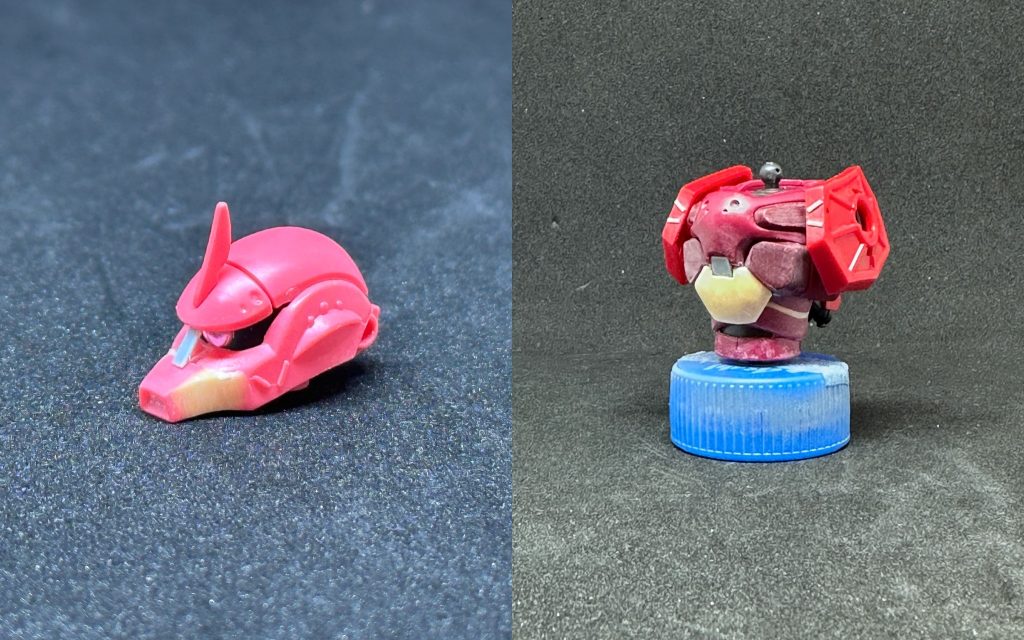 頭部は動力パイプ接続穴を塞いで、モノアイ部のセンターピラーを追加、モノアイ自体はHアイズに置き換えています。腹部は動力パイプ接続部を塞ぐついでに、旧ザクっぽいシンプルな形状になるよに蓋をしました。