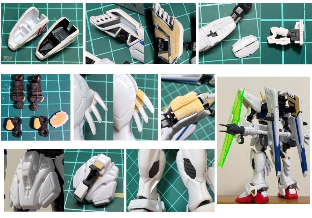 写真には主な加工箇所を載せました。基本GフレームにHGUCから武装や一部装甲を移植してますが、各部パテを盛ったりモールドを彫り直してます。主な加工箇所はヴェスバー肉抜きをパテで埋め0.2 mmでスジ彫り。トリガー形状は設定と異なるものの取り回し優先でモールド追加のみ。ビームシールド一体成形だったため切り取り。展開時のパーツはHGUCから流用して差し替え再現。ボールデンアームズを組み込んで自由度UP。リアスカートビームランチャー懸架再現のため、切り欠いてHGUCの基部を差し替えで接続できるように加工。内部フレーム、太もも裏ほか肉抜き埋め＋FA化パーツをパテとプラ板で自作。他にフロントアーマーや踵、バックパックはHGUCから移植。