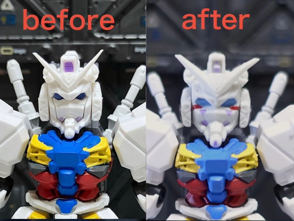 頭部は、カプセルインデックスの白いガンダムのものに差し替え。もともとおじいちゃんっぽい顔wだったのがちょっと若々しくなったかな！(目の下の赤いラインだけ塗ってます)