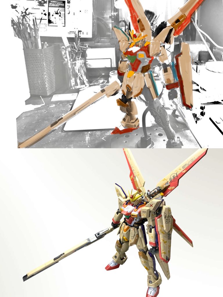 MGで内部フレームもほぼ再現されていながら、パーツ数などはそこまで多くもなく組み易い良キット。リフレクターやエネルギーコンダクターなどクリアパーツが多く満足感が高いです。シールドバスターライフルのシールドモードの持ち手だけが気に入らなかったので、劇中同様、側腕に直付けできるよう改造しました。それ以外は大きな手も入れず、キットほぼそのままでした。やはりアニメでのヒロイックなトリコロールカラーのイメージが強いせいか、あまりオリジナルカラーリングの作例は見ない気がしたので、ここは敢えての総カラーチェンジをしてみました❗️デザートカラーと朱色で、陸ジムを連想される方も多いと思いますが、実は練習機繋がりでマクロスのVT-01オストリッチが元ネタだったりします。差し入れのオレンジイエローが目立たなくなるので、バーミリオンの色合いをどこまでオレンジ系に寄せるかで迷いましたが、もう少しオレンジでも良かったかも知れません😅(このポーズが、何となくクロボンX3みたいで実は気に入ってます笑)
