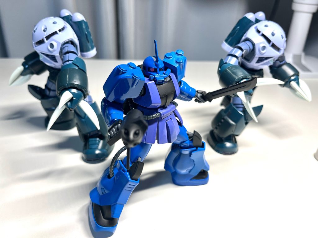 こんな感じのザク・マリナーでした。REのズゴックとMS部隊組みました。ザクが指揮官機の部隊好きなんすよね〜。ボクもザク・マリナーみたいなカッコいいモビルスーツになりたいなー…エミナル・クリニック通えばなれるってホント〜⁇