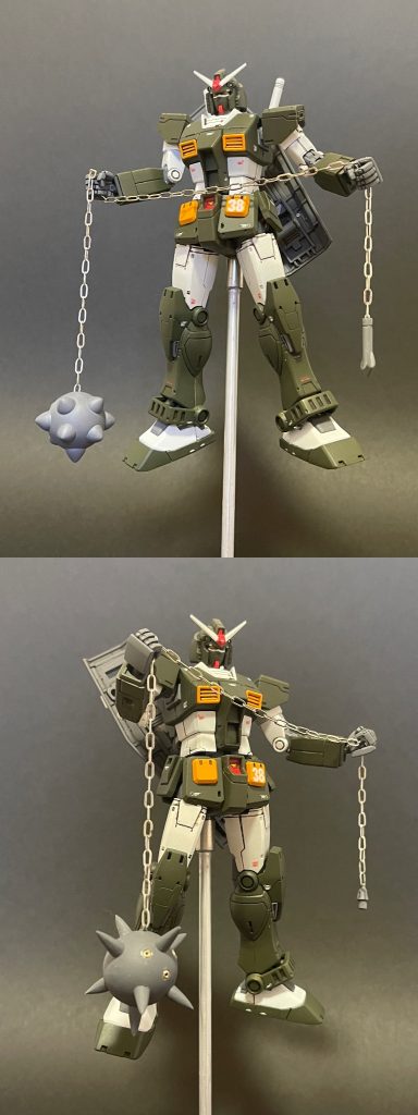 あえてチェーンを使う事で「ザ・昭和のロマン武器」を再現できました！ハイパーハンマーの棘はプラ棒で延長し削り込みました。