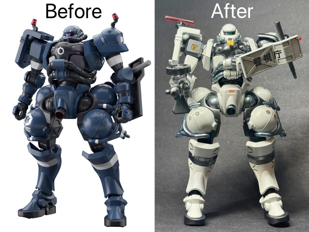 Here is a comparison photo of Police Zaku before the modification, and my custom build. Below is a list of the changes I made:Airbrushed the mobile suit whiteAltered the red clear parts on the shoulderDrilled a hole on the chest to add the police badge