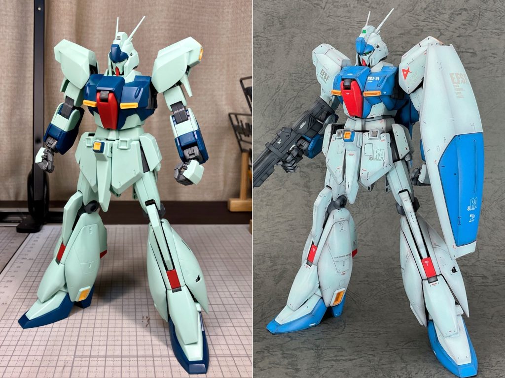 # 塗装レシピ- ライトブルー1. グレーサフ＋メカサフヘヴィ で下地塗装2. クールホワイト でハイライト3. メカトロウィーゴカラー みずいろ＋クールホワイト＋ライムグリーン(極小) で薄めにコート- 青1. メカサフヘヴィ＋スージーブルー で下地塗装2. アニメカラーブルー＋色の源シアン(少量) でハイライト- 赤1. ブラウンで下地塗装2. クールホワイト でハイライト3. クリアルージュ＋クリアオレンジ＋ダークイエロー（ハイライト）でコート- 黄色1. ピンクサフ＋レッド(少量) で下地塗装2. MSイエロー でハイライト- グレー（関節）1. 黒サフで下地塗装2. ニュートラルグレーⅢ でハイライト- グレー（ライフル、ビームキャノン）1. 黒サフで下地塗装2. ニュートラルグレーⅣ でハイライト- スラスターノズル1. 黒サフで下地塗装2. メタリックグレー＋ダークアイアン で塗装- 仕上げ1. つや消し寄りの半光沢でトップコート2. ライトブルーは ウェザリングカラー マルチグレー で墨入れ兼フィルタリング3. 青は ウェザリングカラー シェードブルー で墨入れ兼フィルタリング4. 赤、黄色は ウェザリングカラー ステインブラウン で墨入れ兼フィルタリング