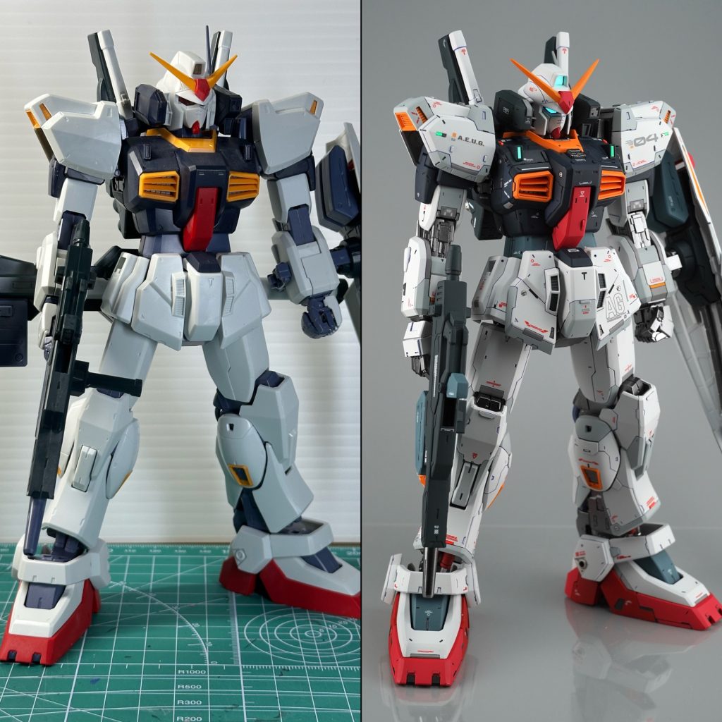 脚をトータル4mm延長、フトモモを2mm幅増し、フロントアーマー2mm延長、肩を本体に2mm寄せ、頭部をver1.0に交換しフェイス位置調整しました。ver.1.0の頭部は、小顔なんですよね。小顔・脚長のスタイリッシュなMk-IIにできたと思います！