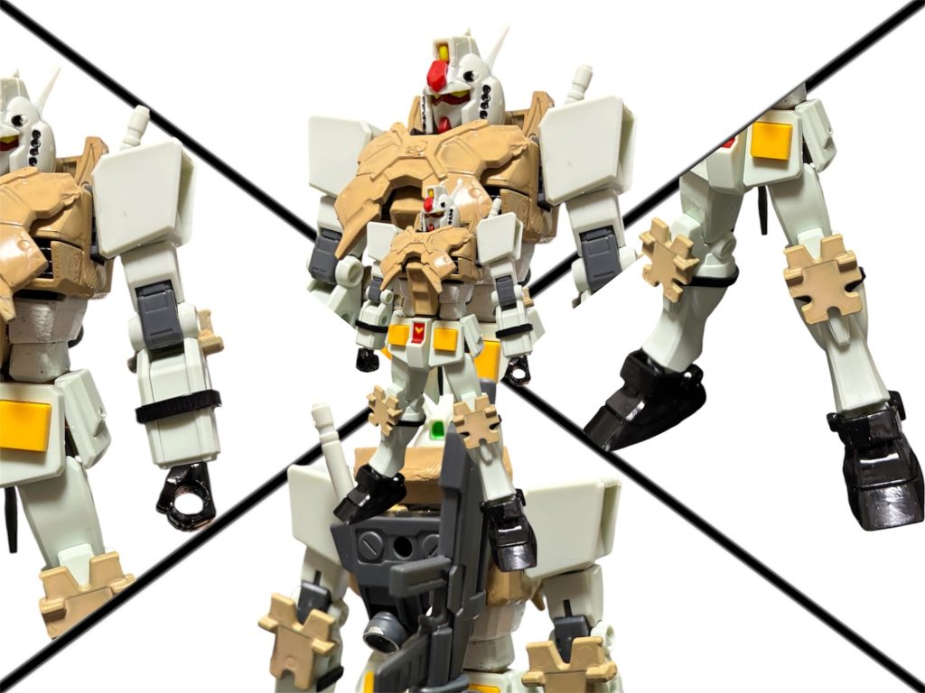 主な変更点。&nbsp;左：腕に１００均武器に付属するパーツと拘束バンドで組み合わせたアームガード。&nbsp;上：頭のアンテナを加工して耳近くにロッドアンテナよろしく配置。胸部ボディアーマーはガンダムS.T.A.R.S仕様と同じ。&nbsp;下：バックパックはほぼガンダムS.T.A.R.S仕様と共通。ただしビームサーベルのマウント数を１本に減らして差別化。&nbsp;右：膝に１００均武器付属のパーツと拘束バンドで組み合わせたフットガード。