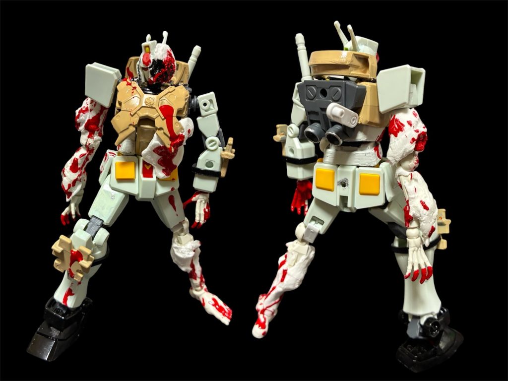 ガンダム ゾンビ（CP）。頑張ったんだけど・・・・・・(´;ω;｀) 腕と足や手などは30MFドゥロースケルトンのパーツに１００均粘土に肉付けした上にクレオス赤で塗装。顔も同様で生々しい（　＾ω＾）・・・。