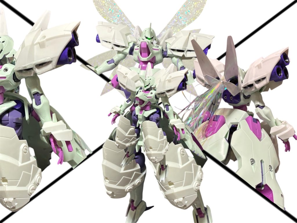 主な変更点左:腕にアームガード兼ハンドランチャー追加。肩にノズル付きショルダーアーマー追加。ノズルの材料は百均醤油差しの蓋。上:背中に自作した月光蝶エフェクトを追加。材料は百均ホログラムシールをホログラムシート2枚で挟み込んで羽状にカット。その上にガイアノーツの蛍光クリアで塗装。下:膝にマハ・カーラと同じ兵装「マンダラ」追加。材料は鉄禍の僧兵パーツ。右:背中にミニウイングスラスター・髪状の放熱索を追加。ウイングスラスターは百均醤油差しにプラ板を巻いて、放熱索は百均のホログラム色の梱包材を使用。&nbsp;