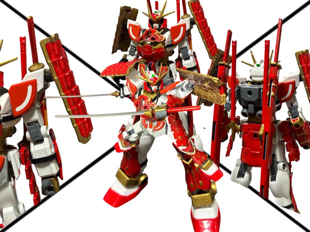 主な変更点左:肩アーマーにバインダーガン付属の接続パーツを噛ませて、鉄禍の将軍付属の肩鎧を追加。腕にも鉄禍の将軍付属の声を追加し、固定用に結束バンドでディテールアップ。上:ほお脇・胸に鉄禍の将軍パーツでディテールアップ。下:足に鉄禍の将軍付属の脚甲を追加。右:バック・サイドスカートに鉄禍の将軍付属の鎧、バックアップを小改造して刀を鞘ごと装備。