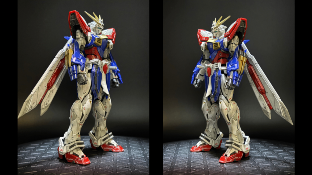 側面です。部分塗装について、本来イエローの部分をガンダムマーカー ガンダムゴールドでエアブラシ塗装しました。落ち着いたゴールドがいい感じです✨この色味かなり好きなんですよね(gundam-kao7)このくらいの塗装ならガンダムマーカーエアブラシが便利です。