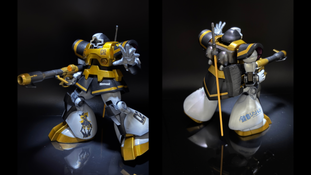 なんといっても目玉は自作デカール✨ジオンやツィマット社は既製品デカールですけど、鏡音リン・レンのシルエットやロゴは家庭用プリンターで作成できる水転写式デカールを使って作りました✨