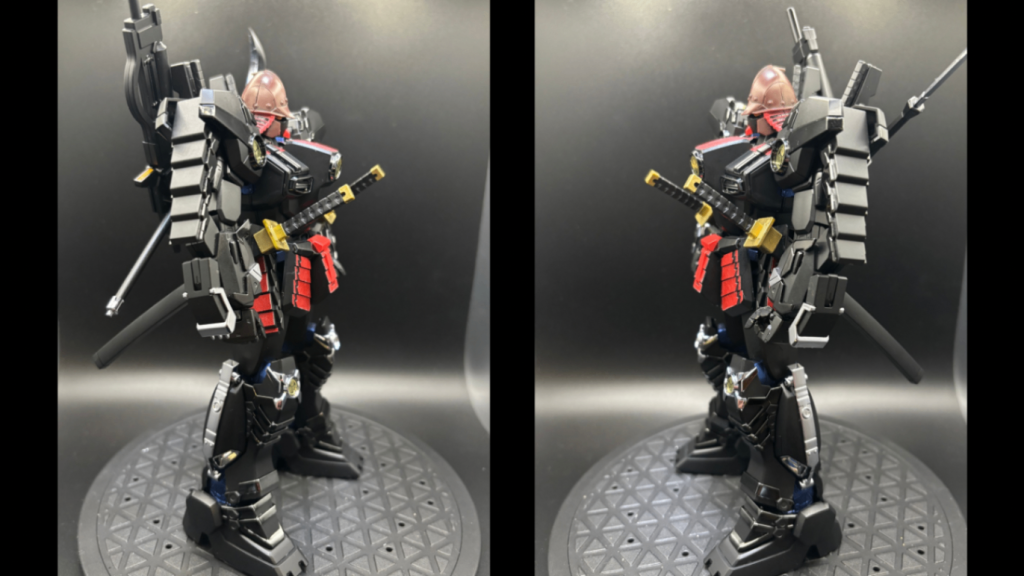側面です。鎧武者なので、ものすごくマッシブ体型(zaku-kao6)両腰に太刀「虎鉄丸」を差すことができます。