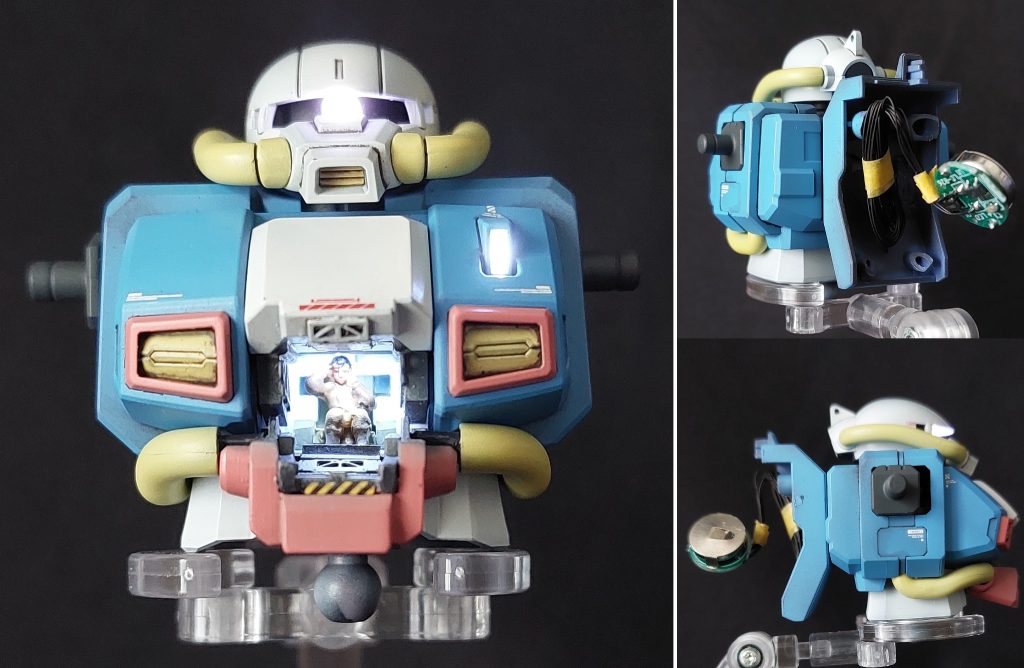 ■胸部・腹部　コクピットハッチは開いた状態で製作し、ハッチの裏側やコクピット内部にプラ板やエッチングパーツでディティールを追加しました。天井にφ3.0mmの穴を開け、WAVEのH・アイズ3.0mm(透明)をはめ込み、天井裏に小型LEDを２個接着。配線はバックパック内部のボタン電池ボックスに繋いでいます。ギュネイのフィギュアは、コクピットの座席に着座した状態で製作し、腹部に収めています。　左胸のセンサーは1.0mmのBMCタガネで彫り込んで貫通させ、内部に透明プラ板を切り出したレンズカバーを接着。レンズカバーの裏面に小型LEDを接着し、配線はコクピットの配線と一緒にバックパック内部のボタン電池ボックスに繋いでいます。■電飾　モノアイ、左胸センサー、コクピットの３箇所に電飾を仕込みました。使用した商品は、「Lezalic LED 電飾 リード線4本 磁気スイッチ (ホワイト)」であり、4か所を同時で光らせることができます。コクピットにはLEDを前後に2個使用しています。ボタン電池(CR927／3v)ボックス兼スイッチはバックパック内部に空間を作って設置しました。