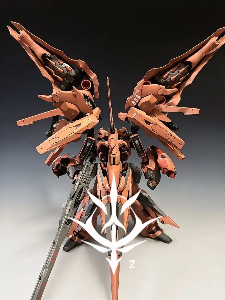 使ったキットはクシャトリアキハールⅡガンダムルブリスソーン×2ガンヴォルヴァ×2を使用しました。レジオンのロゴのデザインがベースの形になる様に、ノイエジールがヒントになりました^ ^色はフェンリスヴォルフやゲーマルクのような暖色系によせてピンク系のカラーにしてます。