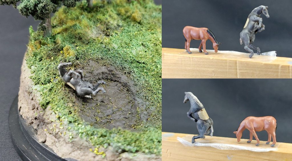 ■シャアの馬　劇中、和平交渉を終えたシャアは乗馬に興じていましたが、アムロたちと遭遇してしまい状況は一変。馬上のシャアはアムロに車から飛び掛かられ、黒馬はそのまま画面からフェードアウトしました。その後、シャアの馬がどうなったのか劇中では一切触れられていませんが、今回のジオラマはイマジネーションを発揮し、「勝手に遠くに行かず、近くにいたものの、ホビー・ハイザックの噴射に伴う強風で驚いた」という設定で配置してみました。　馬のフィギュアはジオコレの動物シリーズであり、元々はおとなしく草を食んでいる姿でしたが、驚きいななくさまにポーズ変更しました。馬の骨格からはずれないよう注意して各関節に切り込みを入れ、隙間を瞬間接着パテで埋めてヤスリでフォルムを整えました。余談ですが、完成後に気付いたのですが、シャアの馬の配色は、北斗の拳に登場した世紀末覇者拳王ことラオウの愛馬「黒王号」のそれと酷似していますね…。