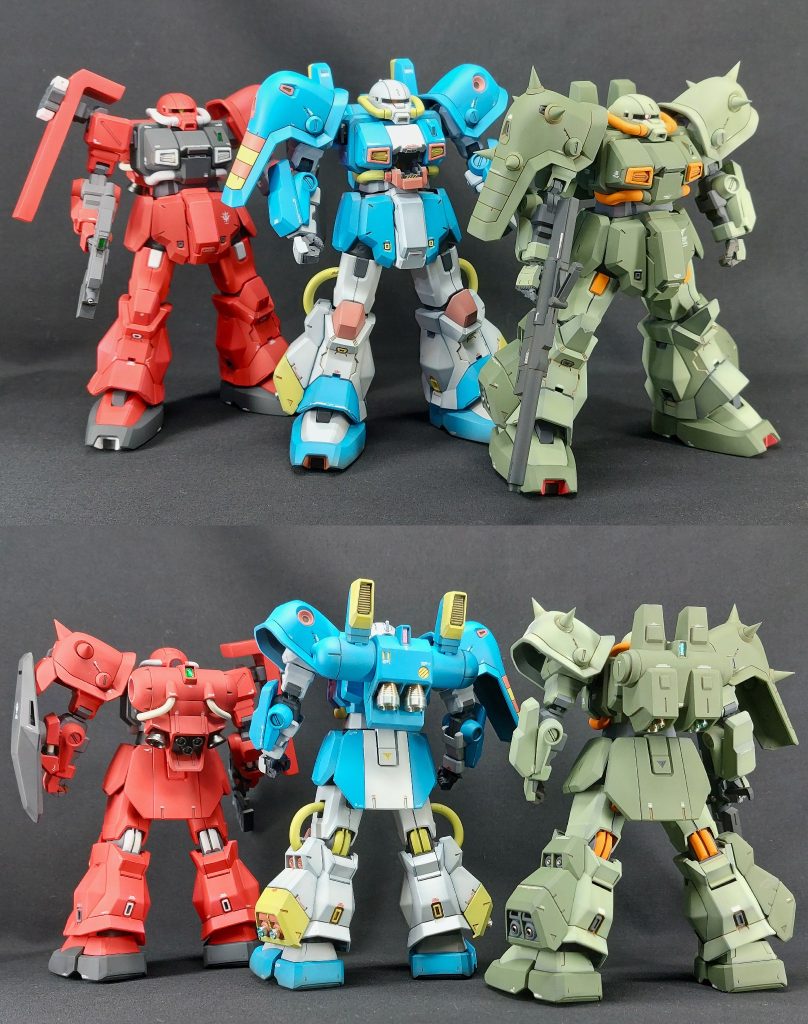 過去作の「隠れハイザック」、「ハイザック(レジオン鹵獲仕様)」とのスリーショットです。軍事用と民間用との違い、バックパックの相違、様々なカラーリング等、比較してみるのも一興です。