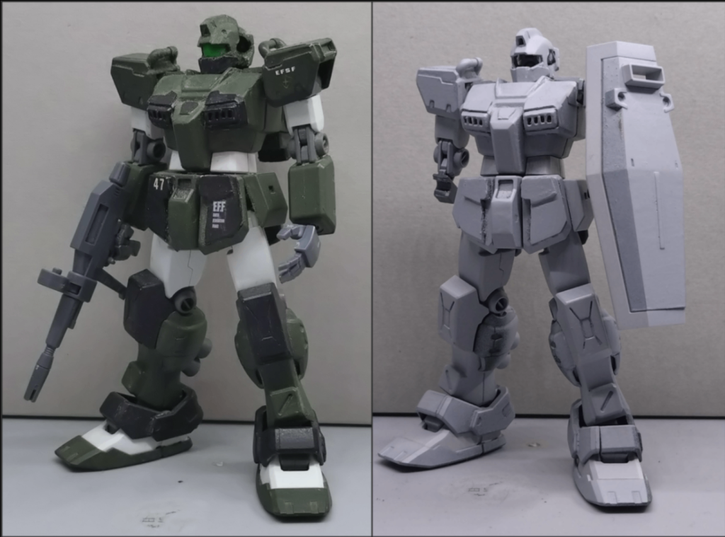 本作は実家から発掘した過去作、中学生くらいの時に作ったカトキ風ジムスナイパーカスタムをリビルド＆リペイントしたものになります。左の画像が過去作のスナイパーカスタム(バイザー欠品)、右がサフ吹いたもの、サフverが結構かっこよかったので活用することにしました。&nbsp;閲覧ありがとうございました！また次の作品でお会いしましょう！